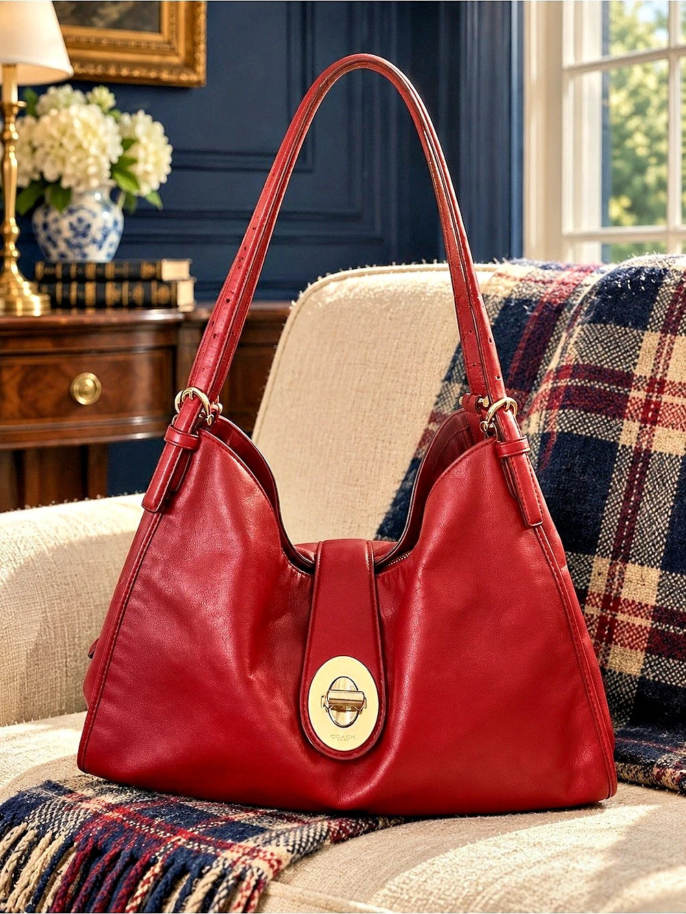 Coach Leather Hobo Bag Cherry Red Leather Shoulder Bag #32221 with Turn Lock